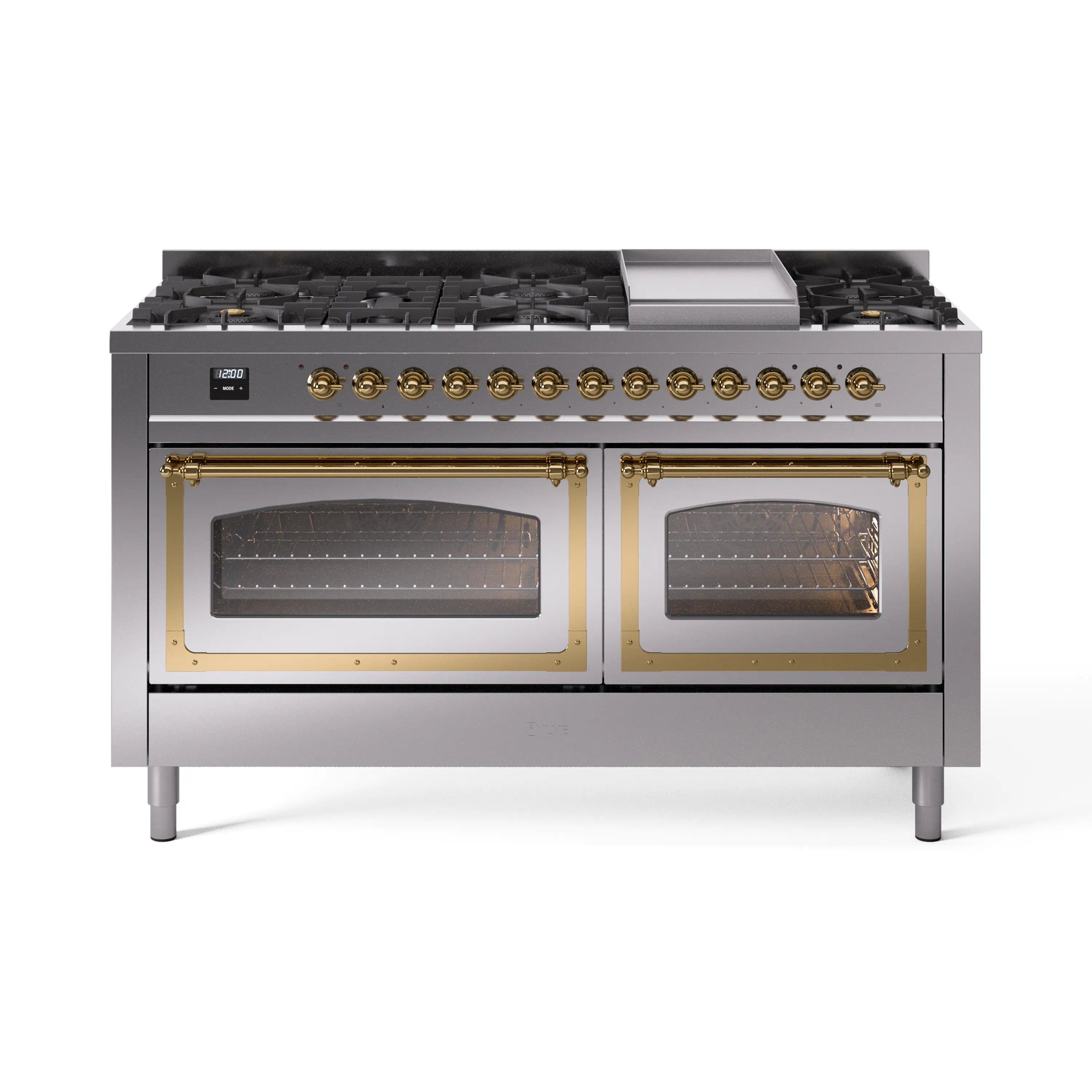 Stainless steel dual fuel range with brass-trimmed doors and six-burner cooktop