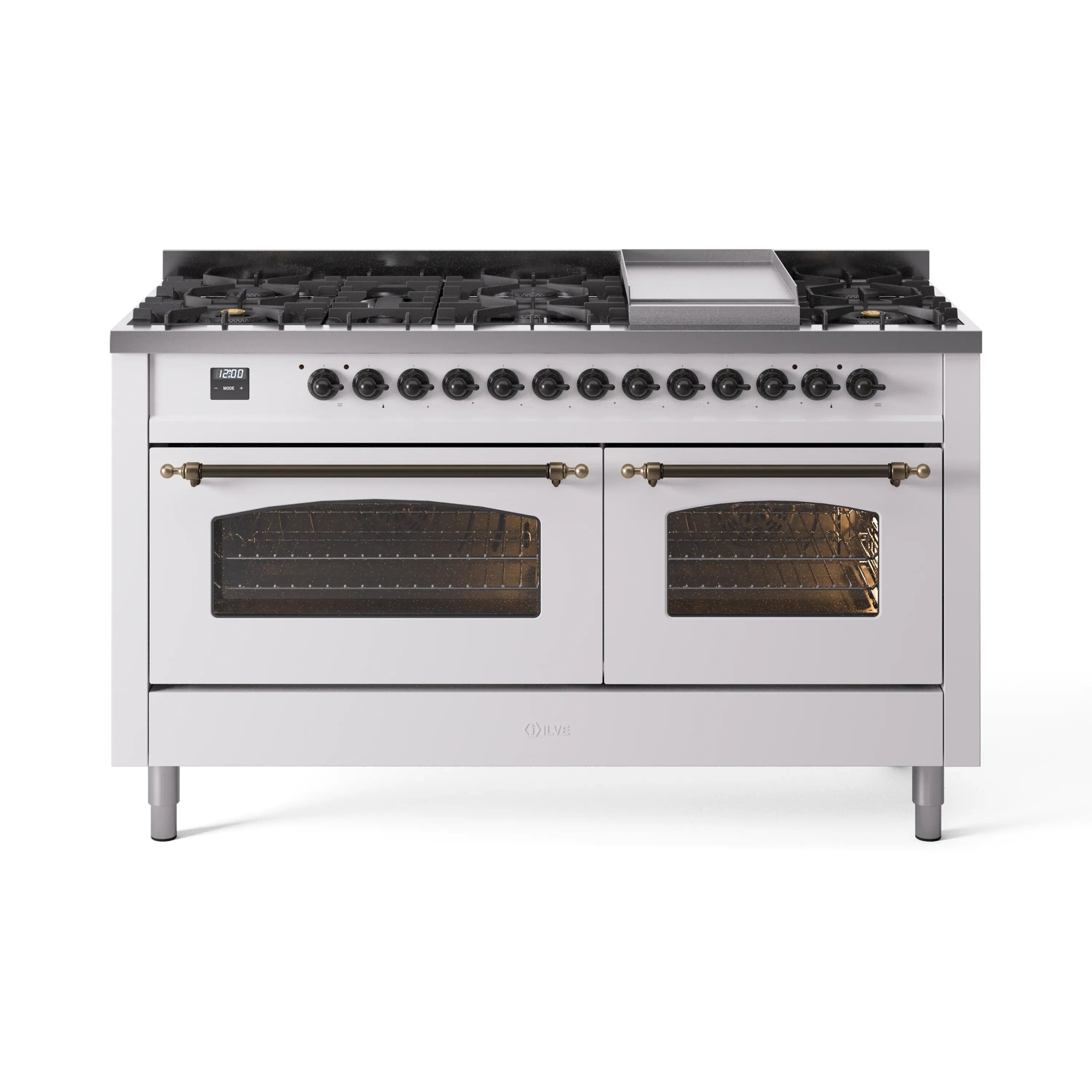 White dual fuel gas range with dual oven doors, bronze handles, and 9 burners above