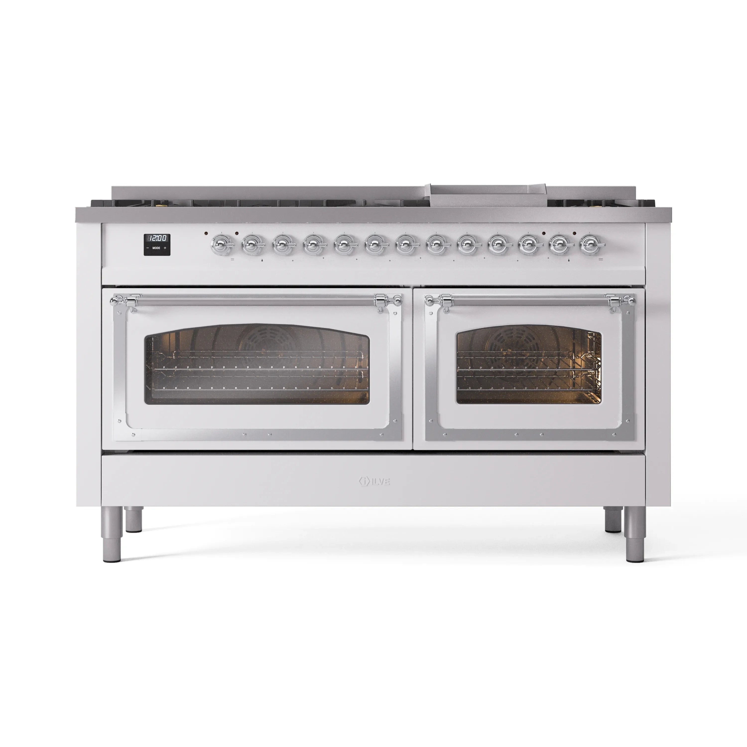 ILVE 60-inch dual fuel range, white with chrome trim, front view with closed oven doors