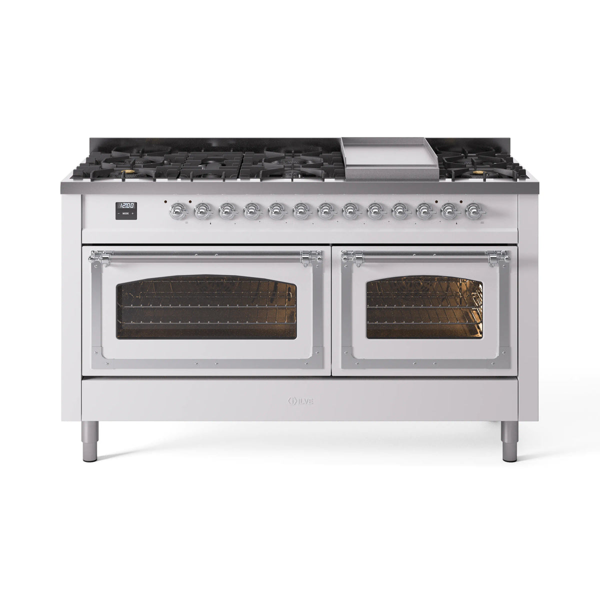 White dual fuel gas range with burners on top and dual ovens closed