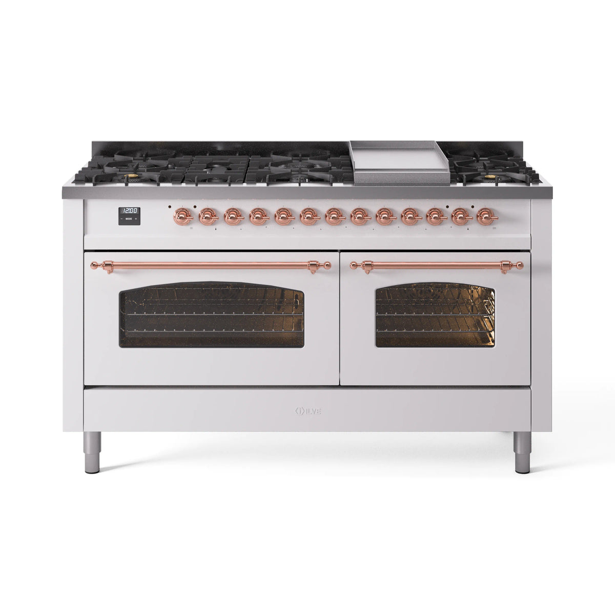 White dual fuel range with copper burner knobs, two oven windows, and black oven interiors