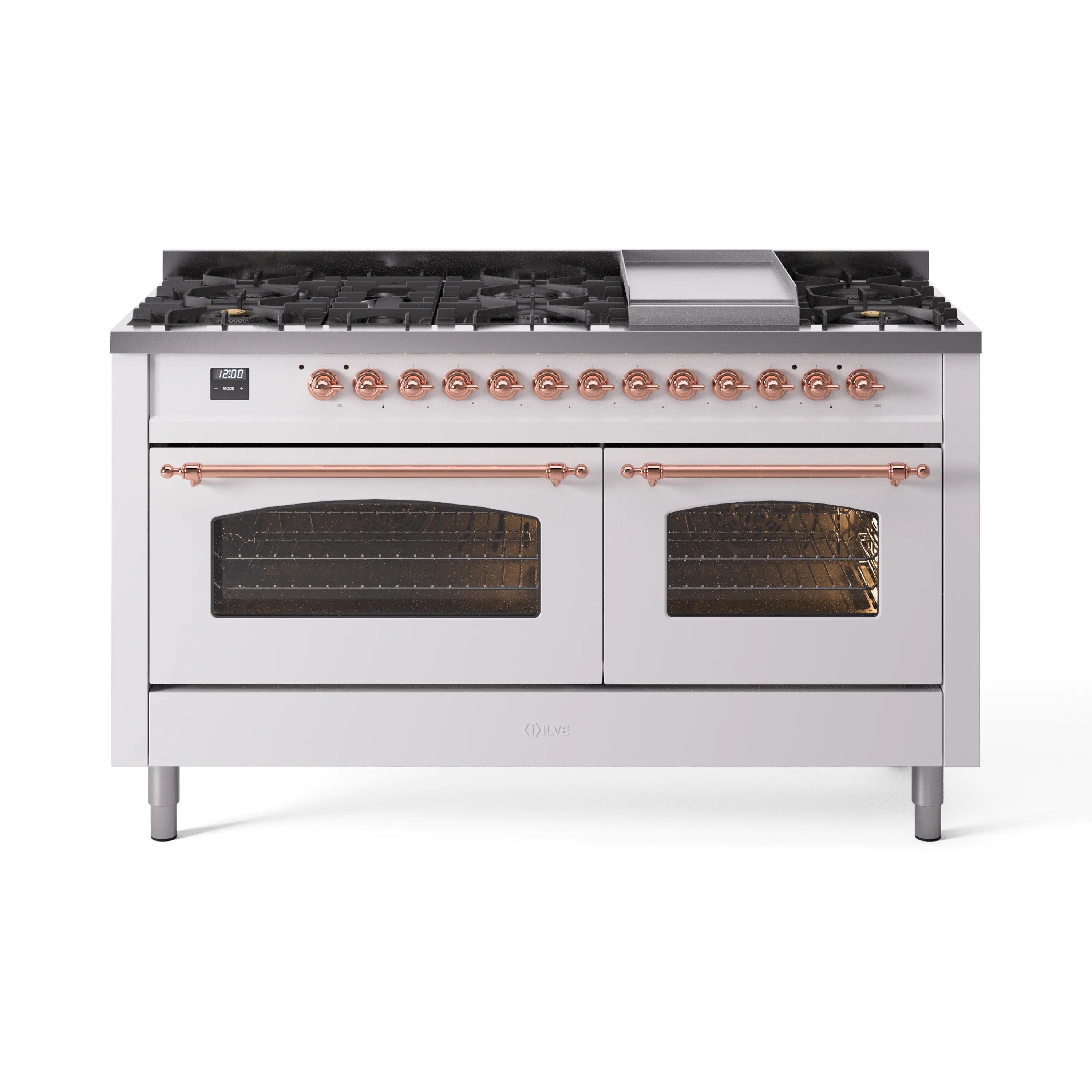 White dual fuel range with copper knobs, 9 burners, and two glass oven doors