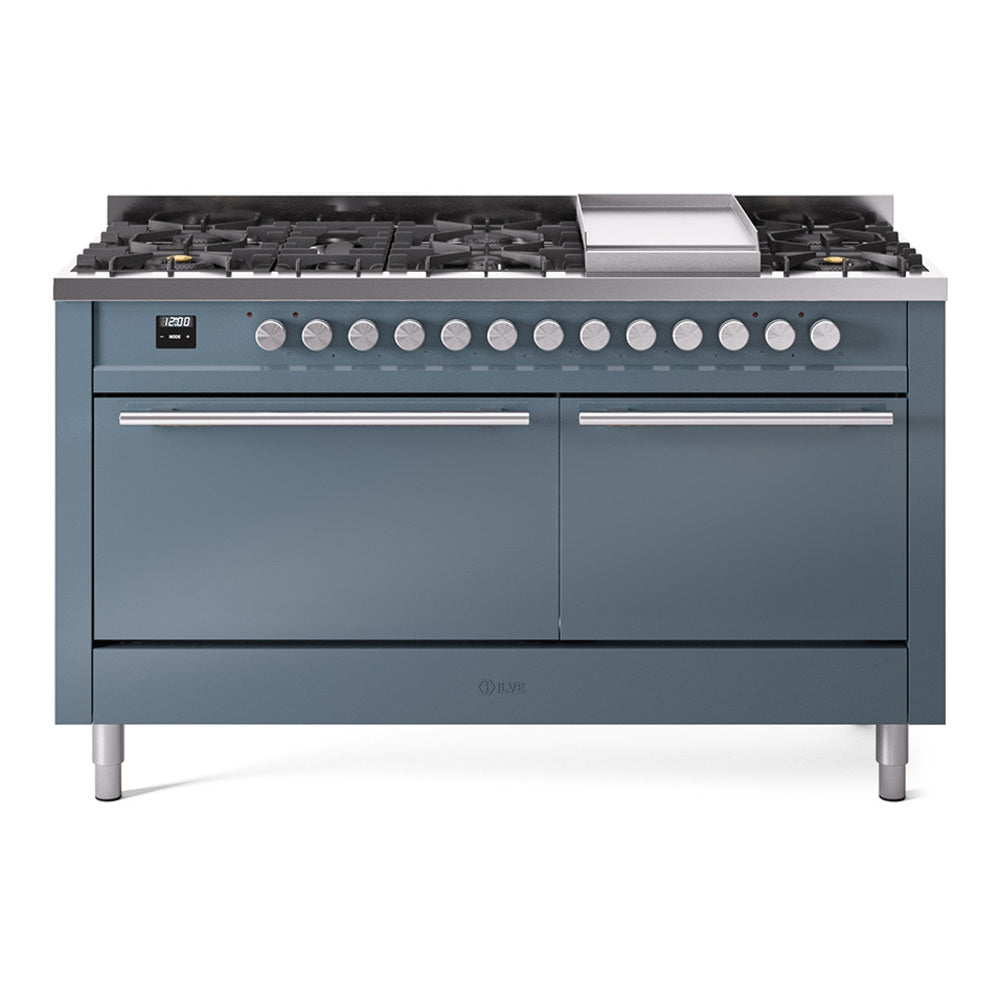 Blue grey dual fuel range with 9 burners, griddle, and control knobs on front.