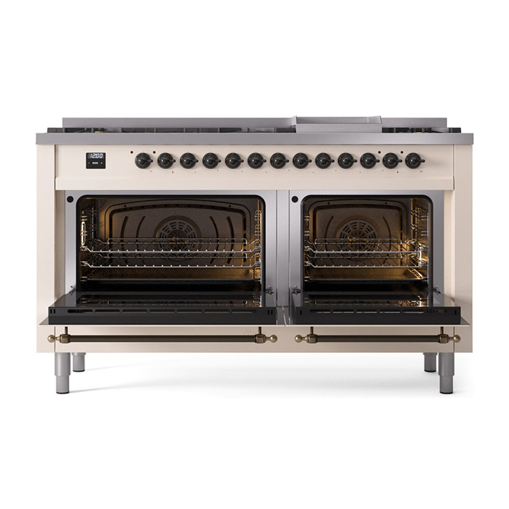 ILVE dual fuel range with open dual ovens, control panel, and burner row in antique white