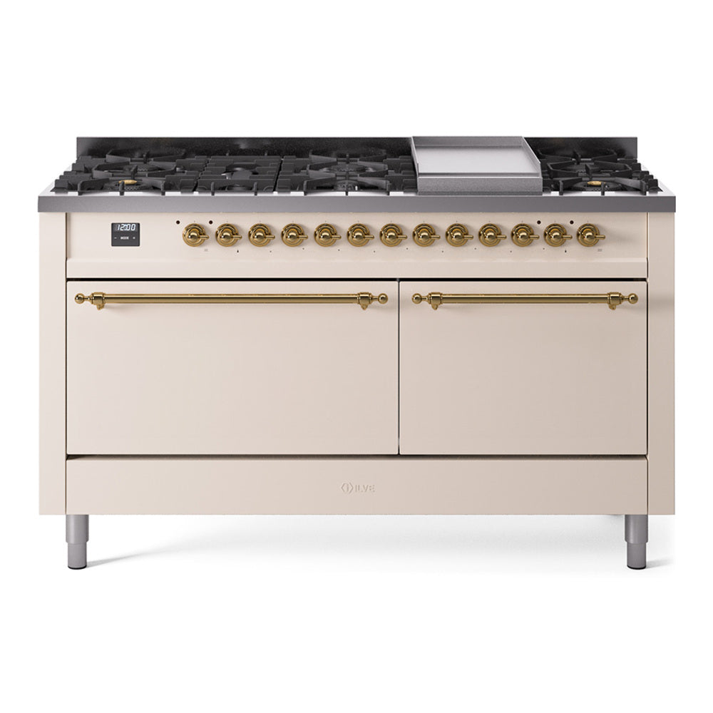 Antique white dual fuel gas range with brass knobs, front burners, and central griddle