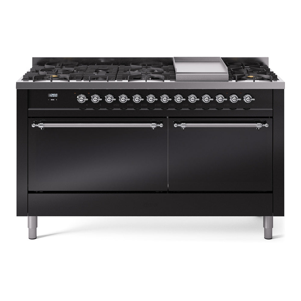 Glossy black dual fuel range with 9 gas burners, griddle, and chrome-trim control panel