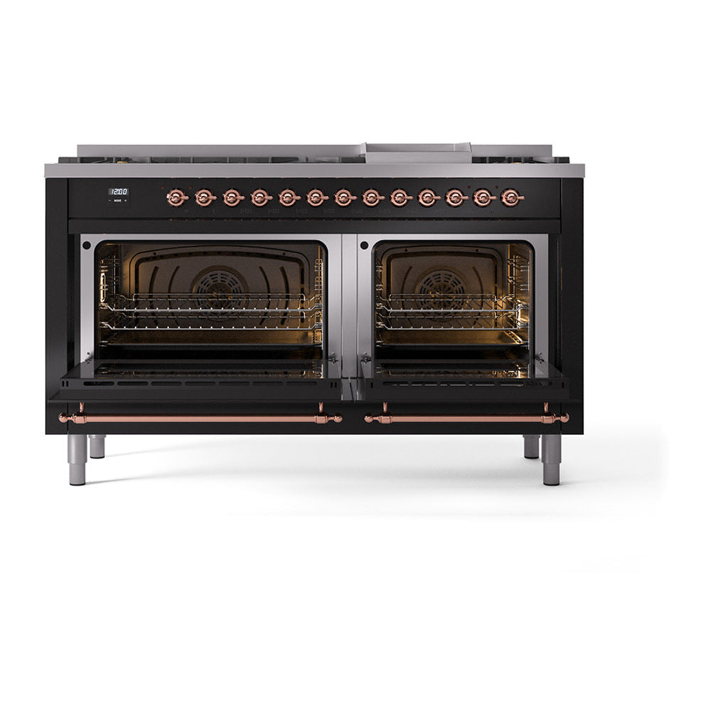 Black range with two open oven doors showing racks and interior burners