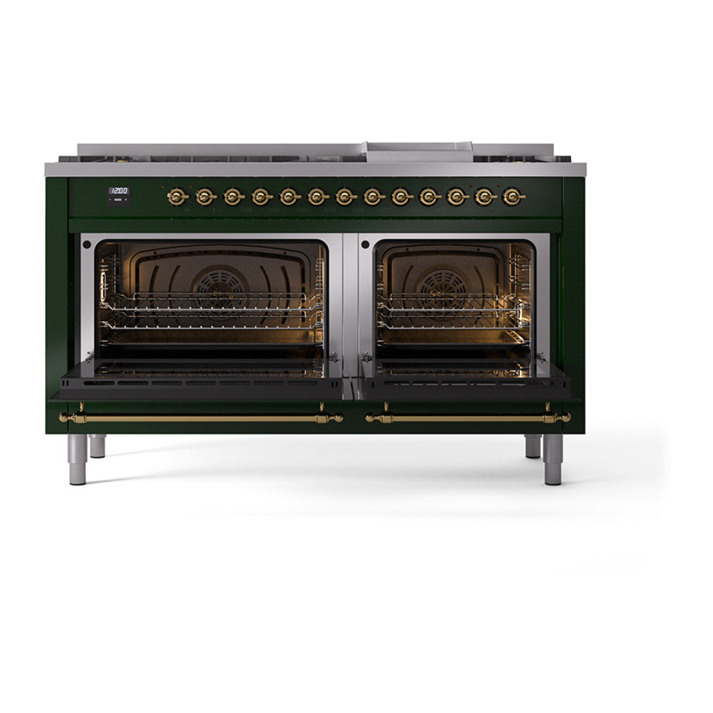 Emerald green dual fuel gas range with two open ovens and brass control front