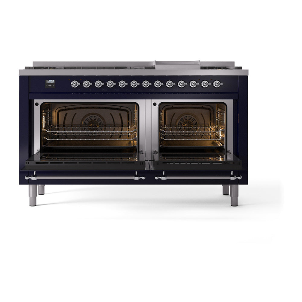 Midnight blue range with both oven doors open, showing twin interior ovens