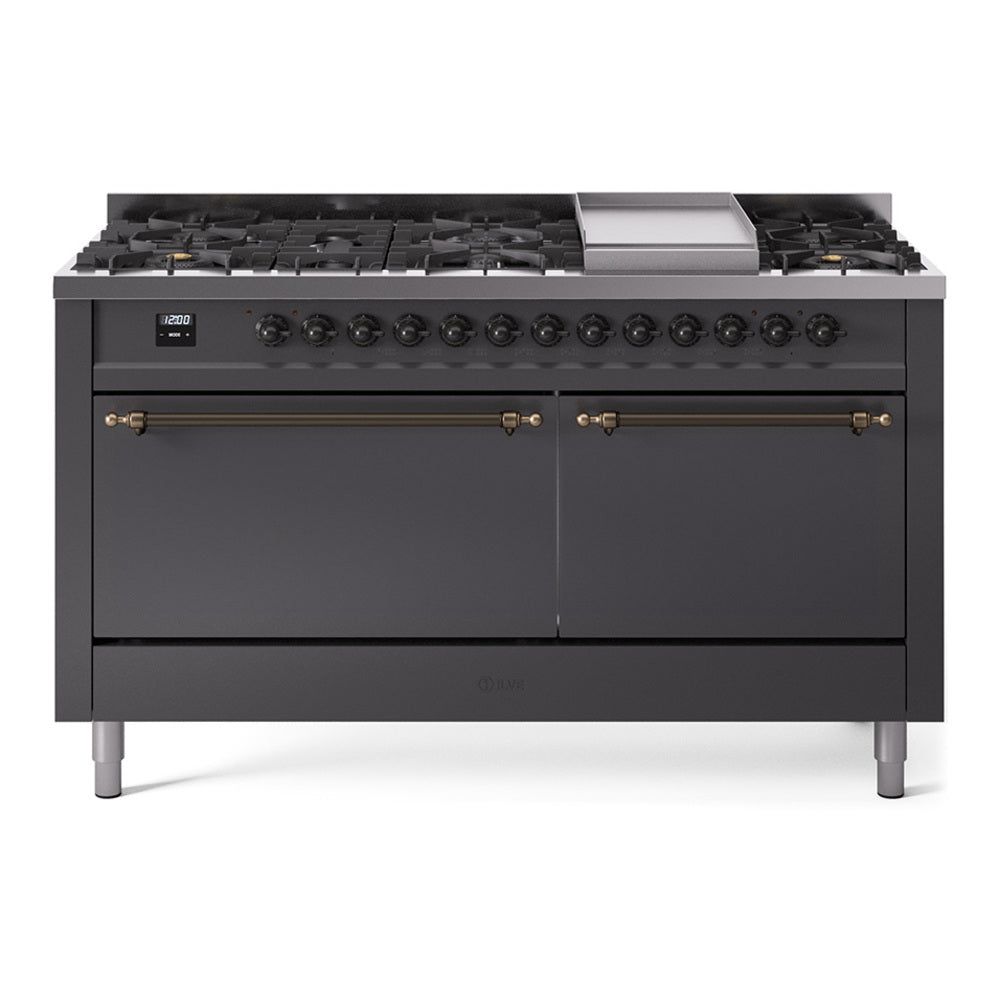Matte graphite dual-fuel gas range with bronze-trim control knobs and griddle