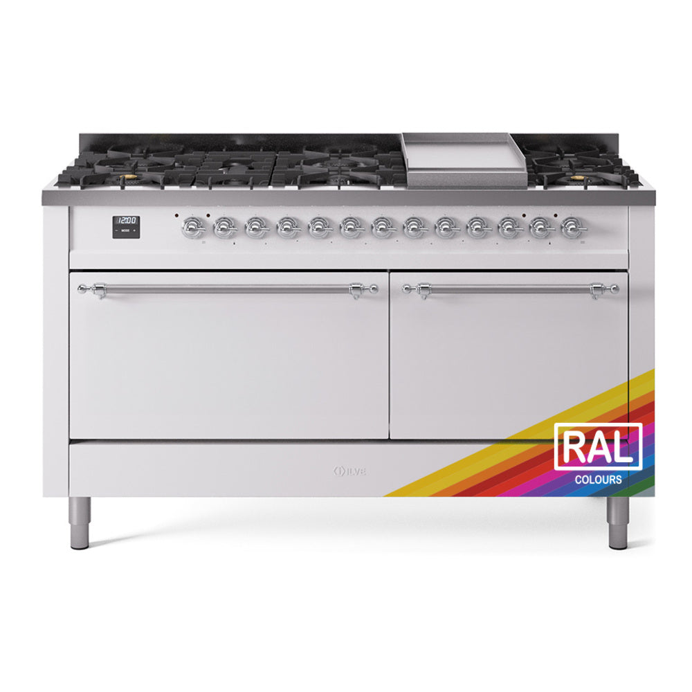 Dual fuel range with white finish, chrome knobs, griddle, and two solid oven doors