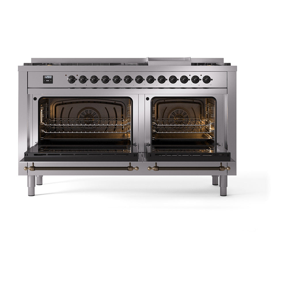 Dual-fuel range with both ovens open, showing racks and interior burners