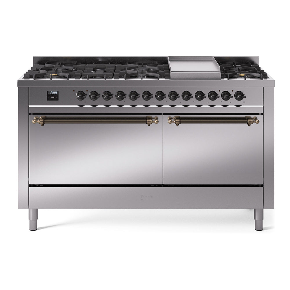 Stainless dual-fuel range with 9 burners and bronze-trim control panel, front view