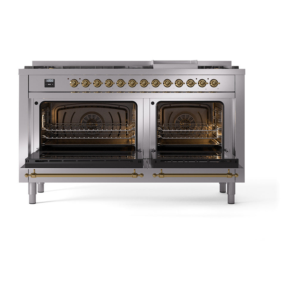 Stainless steel dual fuel range with two oven doors open and interior racks visible