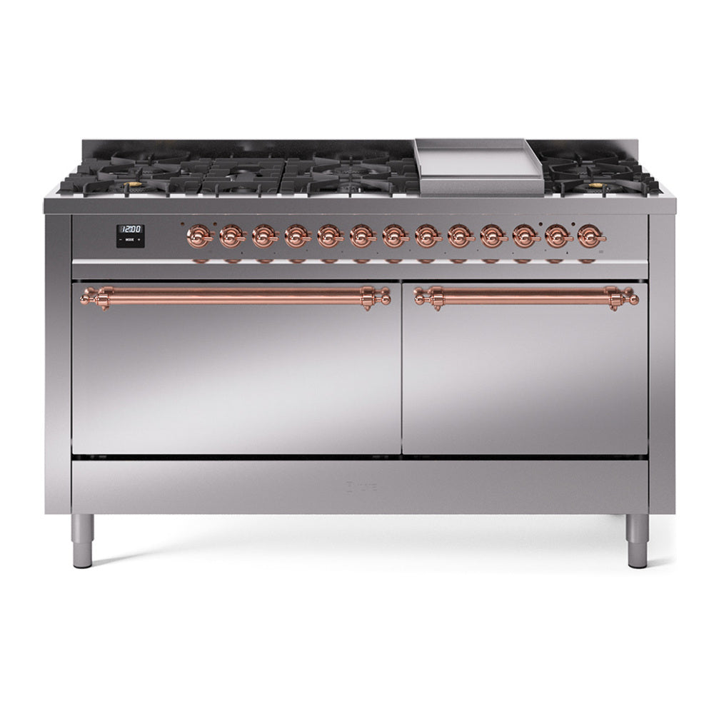 Stainless steel dual fuel range with copper-trim controls, griddle, and 9 burners