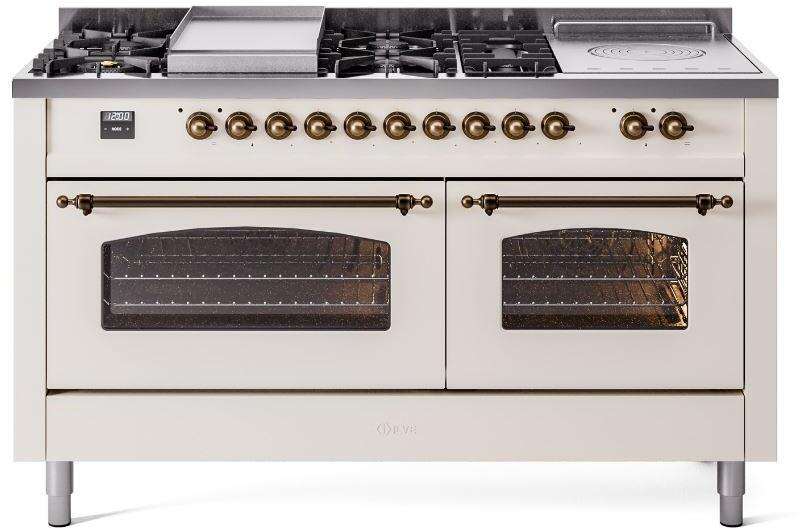 Antique white dual fuel range front with two glass oven windows and bronze control knobs.