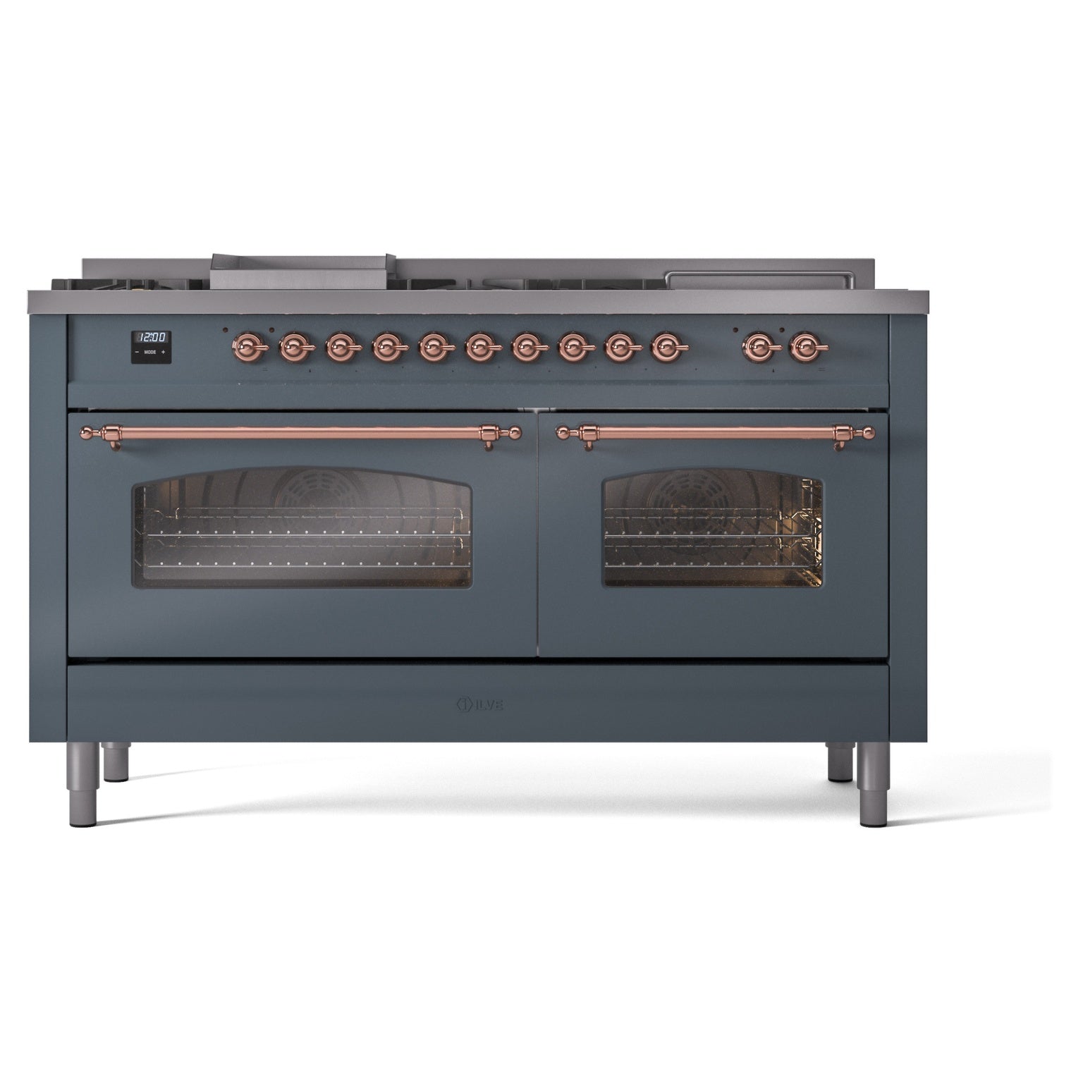 Blue grey dual-fuel gas range with copper control knobs and two glass oven doors