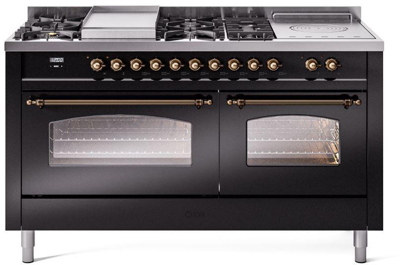 Glossy black dual-fuel gas range with bronze knobs and dual glass-oven doors