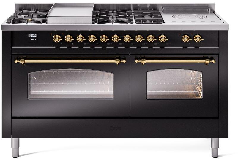 Black dual fuel range with brass trim, two glass oven doors and seven burners