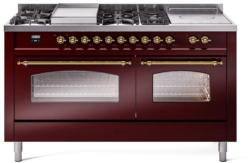 Burgundy dual fuel range with brass knobs and two glass oven doors