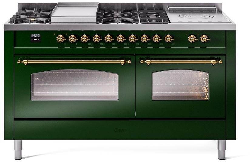 Emerald green dual fuel range with brass trim, griddle, and dual oven doors