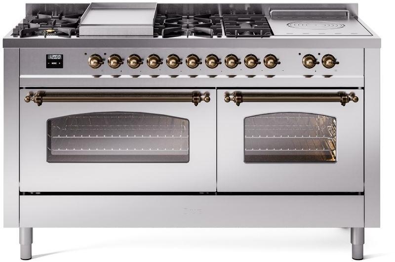 Stainless steel gas range with dual glass-oven doors and control knobs