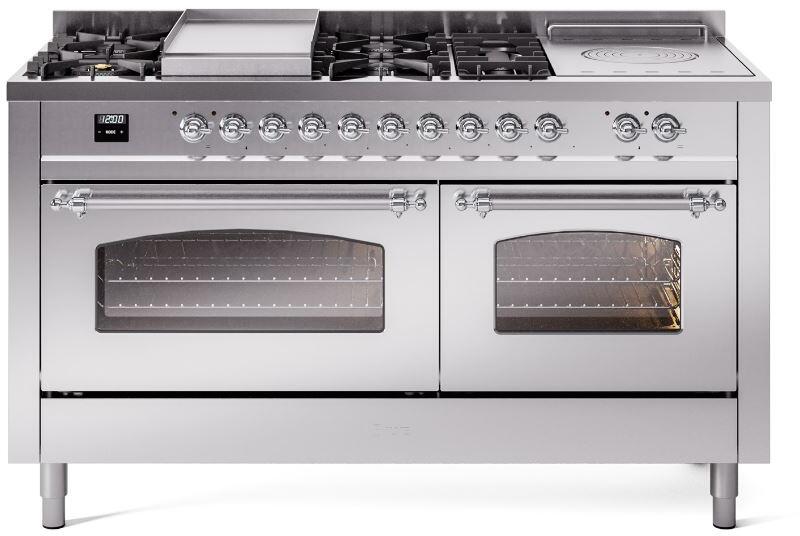 Stainless steel dual fuel gas range with two closed glass oven doors