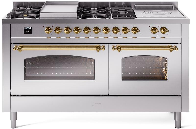 Stainless steel dual-fuel range with two glass oven windows and brass control knobs