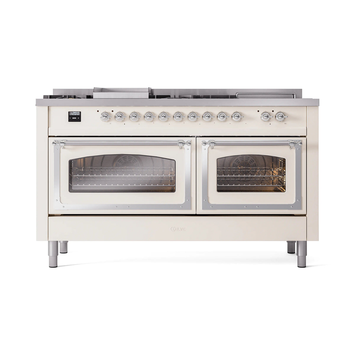 Antique white dual fuel gas range with chrome trim, two glass oven doors