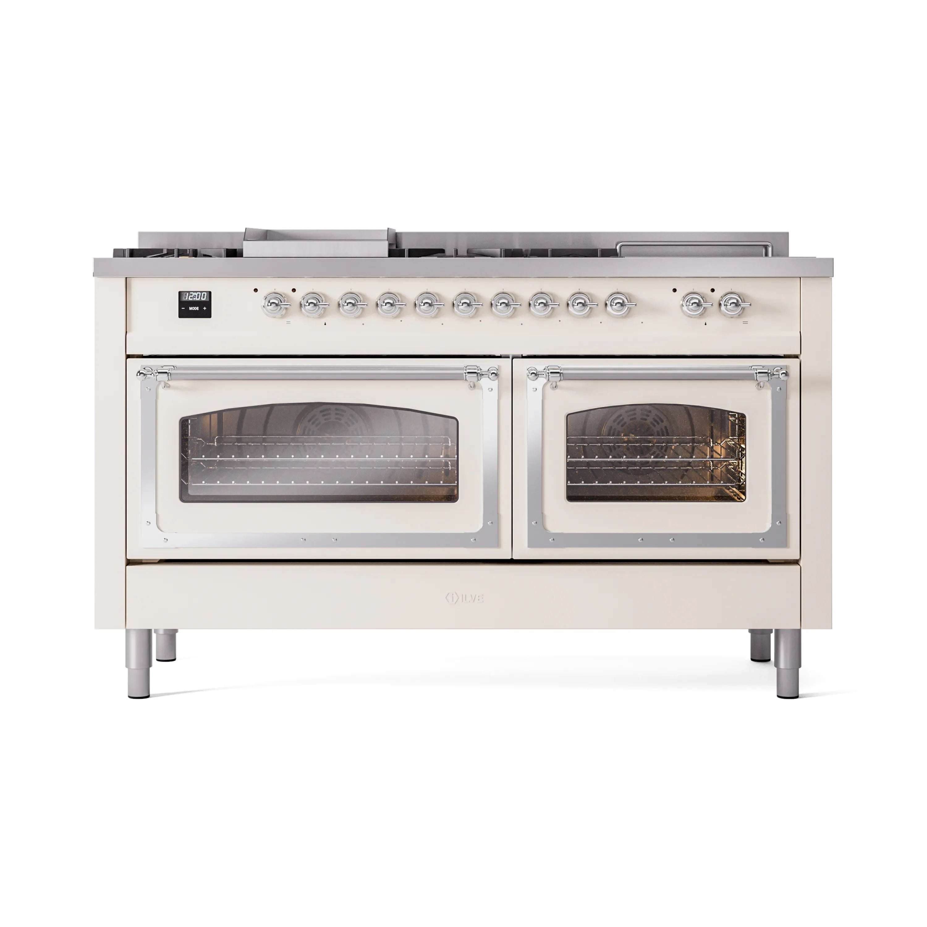 Antique white dual-fuel range showing two oven doors with glass windows and chrome trim