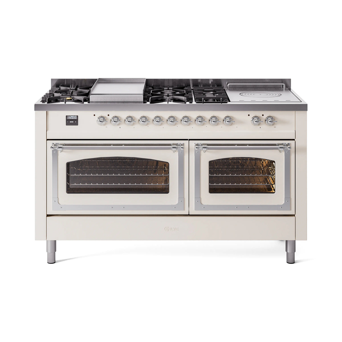 ILVE dual-fuel range in antique white with chrome knobs and dual oven doors