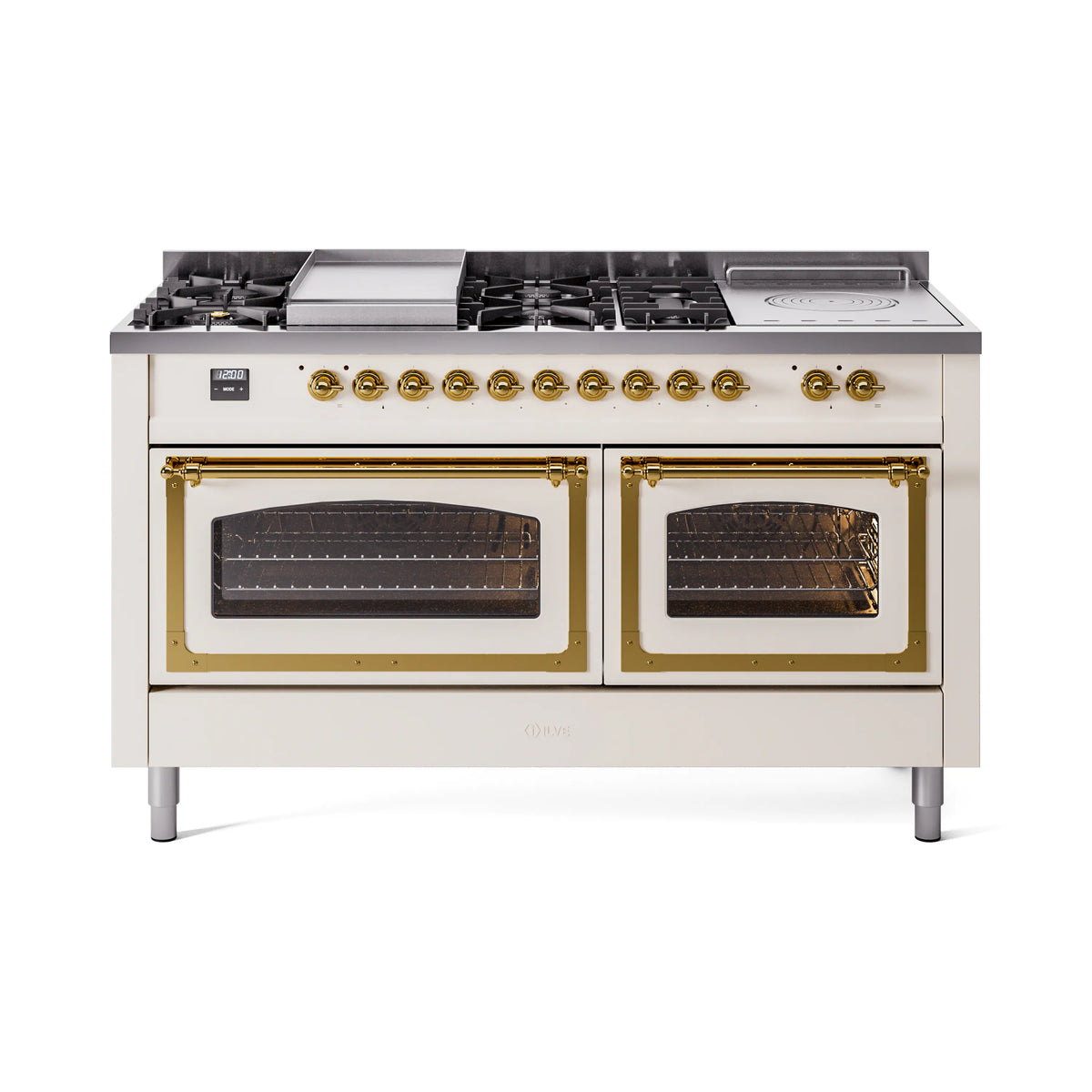 Antique white dual oven range with two glass doors and front burner grates