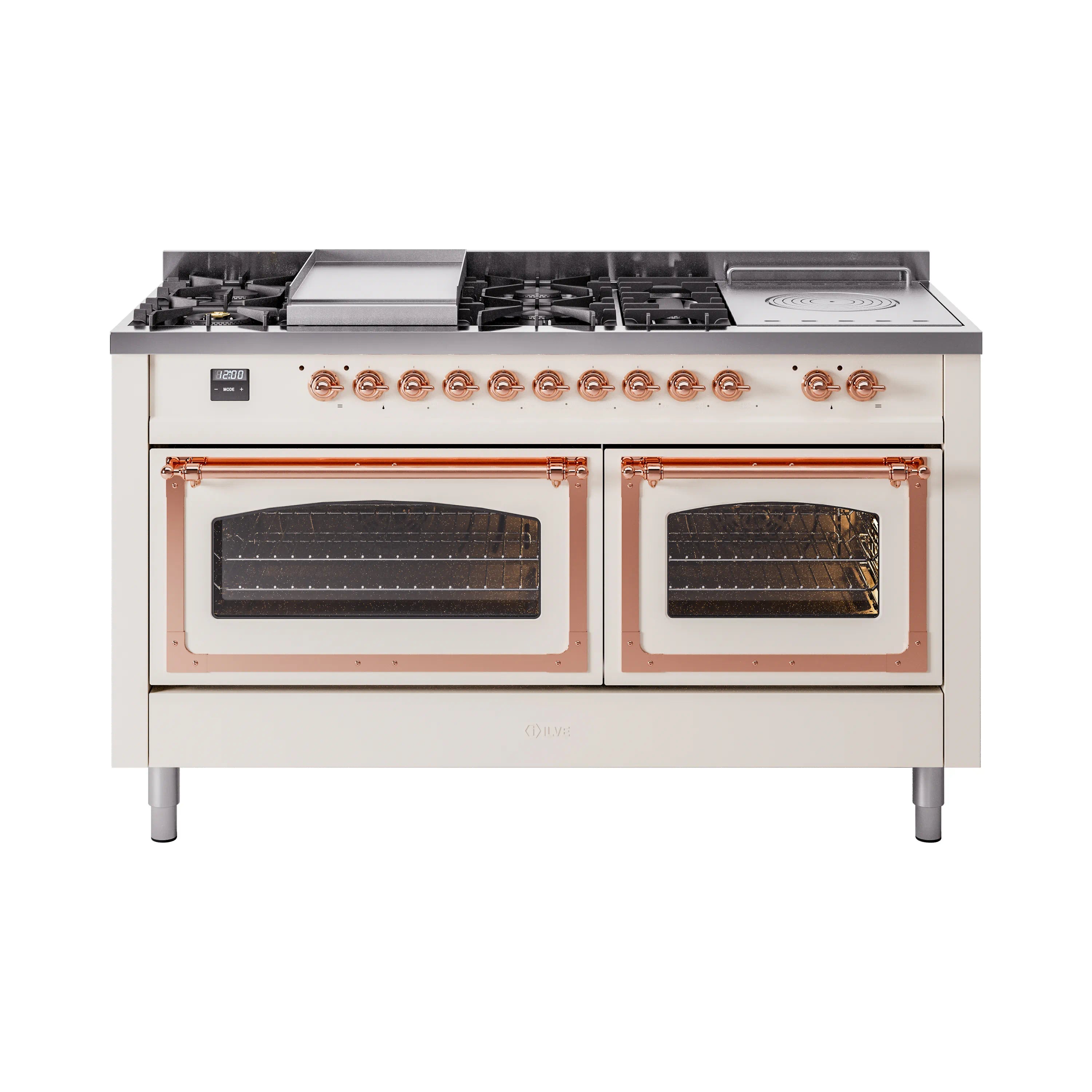 Antique white dual-fuel range with copper knobs, twin oven doors, and top burners