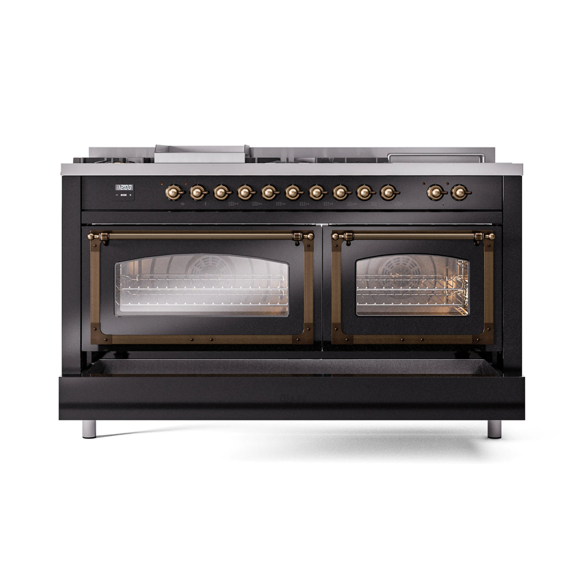 Glossy black dual fuel range with bronze knobs, both ovens open showing heating elements