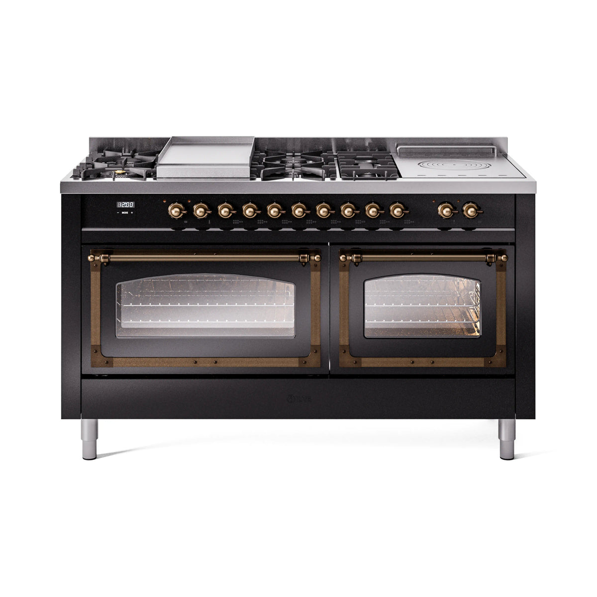 Glossy black dual fuel range front view with bronze knobs and two oven doors closed
