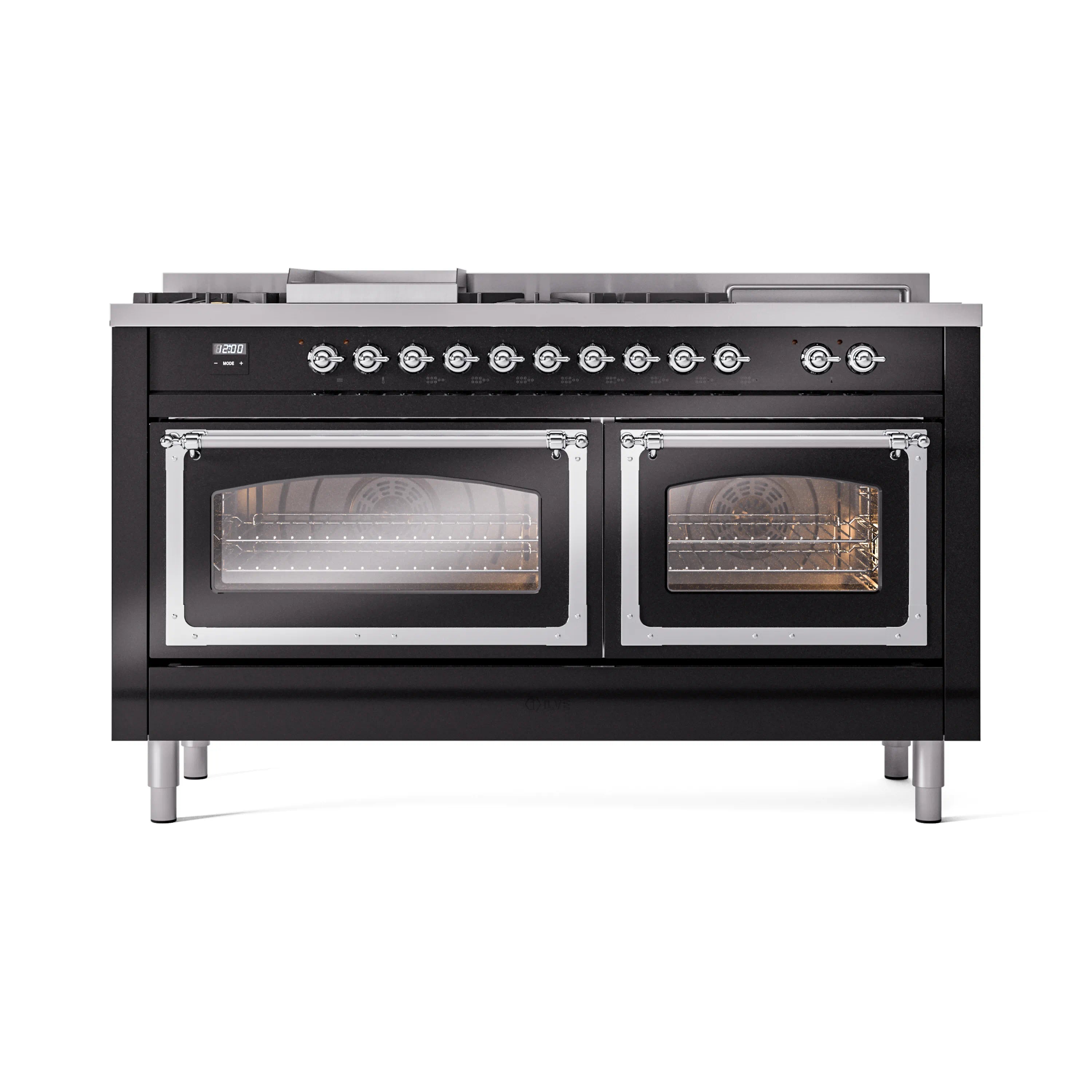 ILVE dual fuel range with chrome control knobs and dual oven windows in glossy black