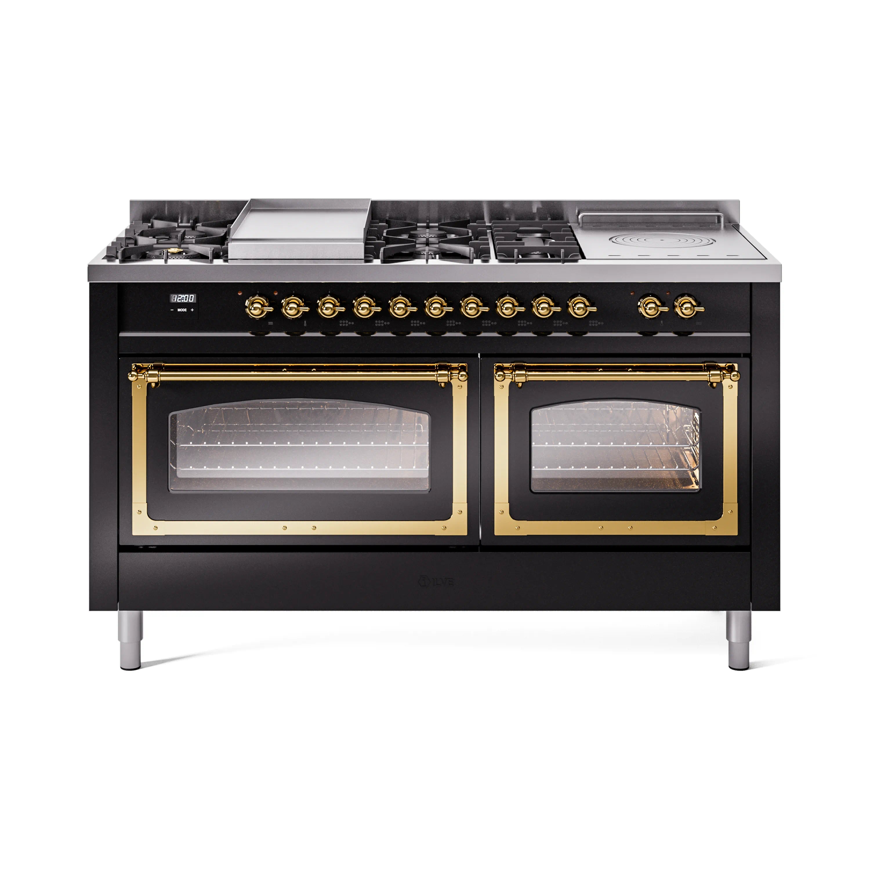 Glossy black dual fuel range with brass trim, dual ovens, and burner control knobs
