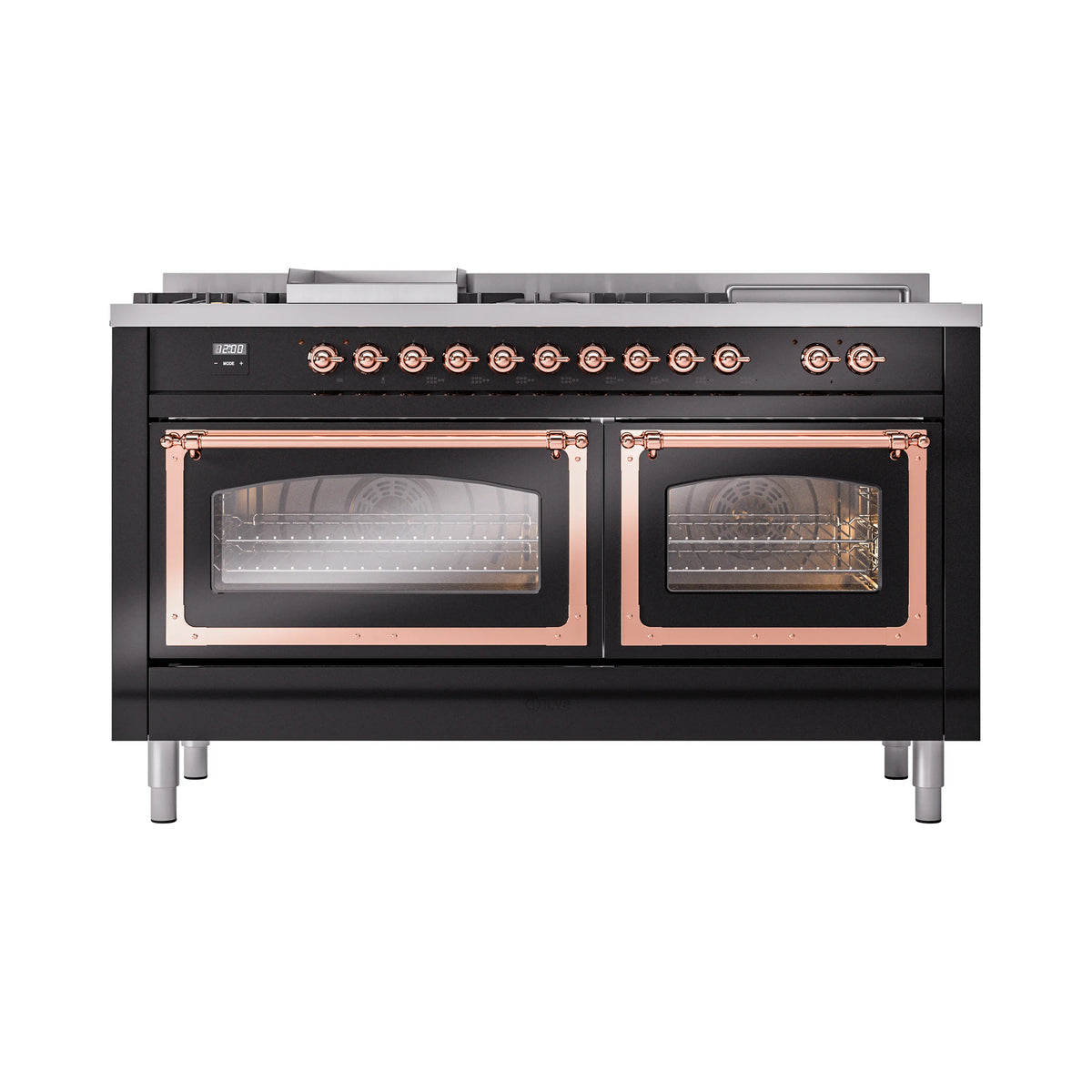 Dual fuel range with two oven doors, glass windows and copper-trim trim