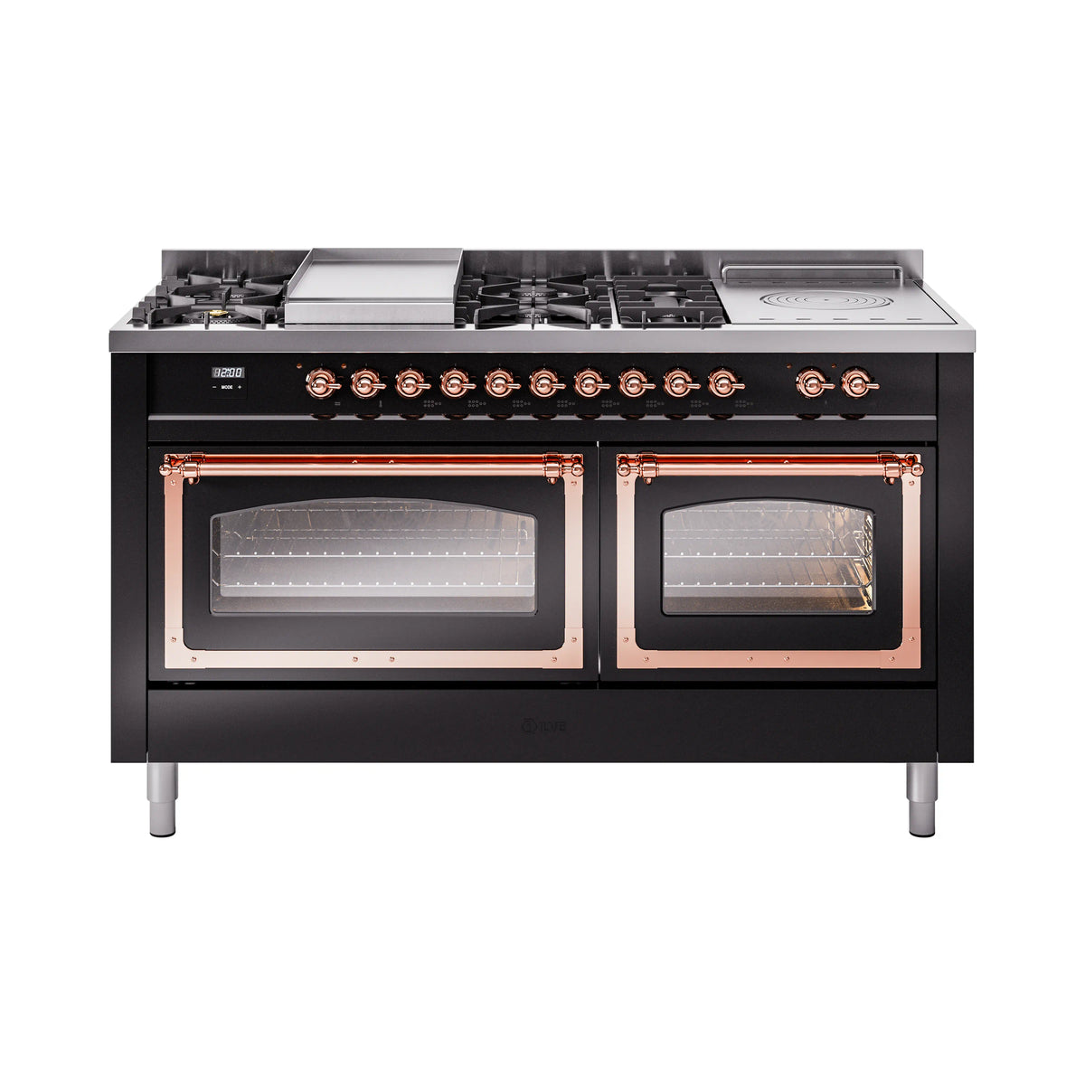 Dual fuel range with copper-trim burner knobs and griddle on top