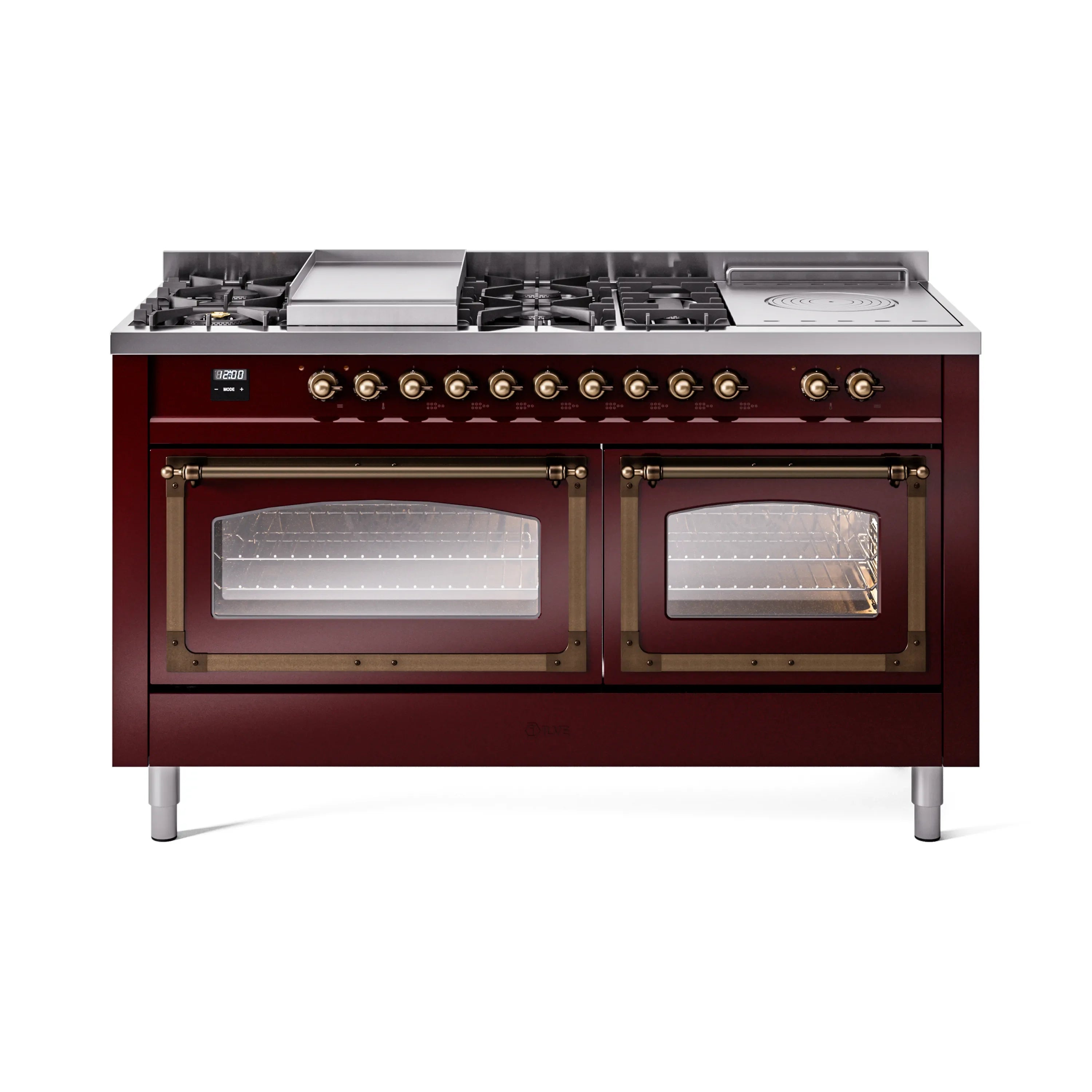 Burgundy dual fuel range with bronze trims, dual oven doors, and brass control knobs