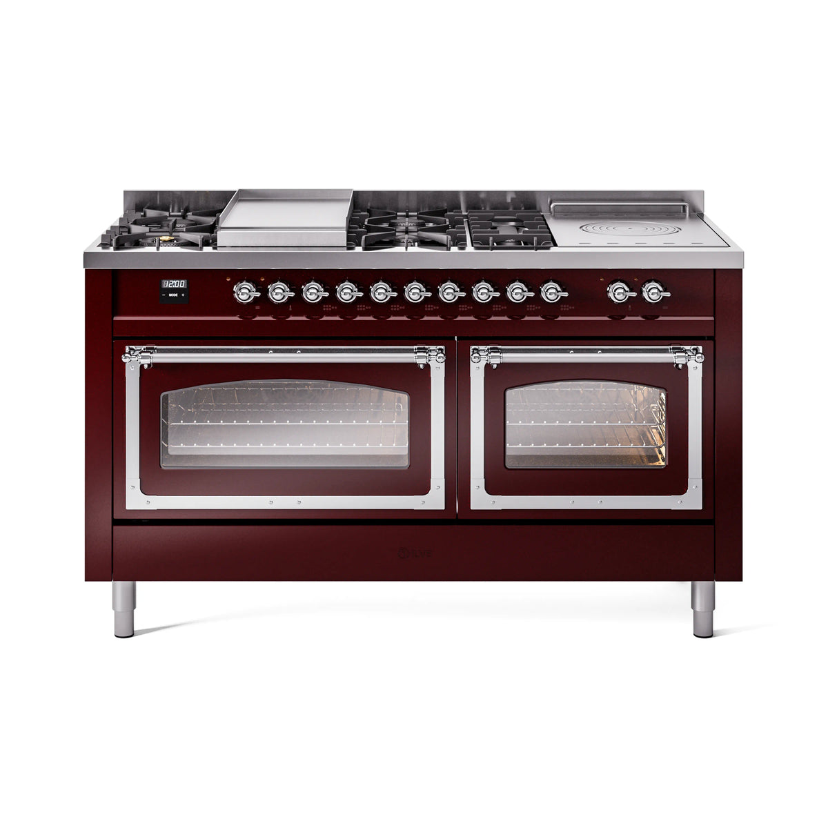 Burgundy dual fuel range with chrome trim, 7 sealed burners, griddle, and triple glass doors