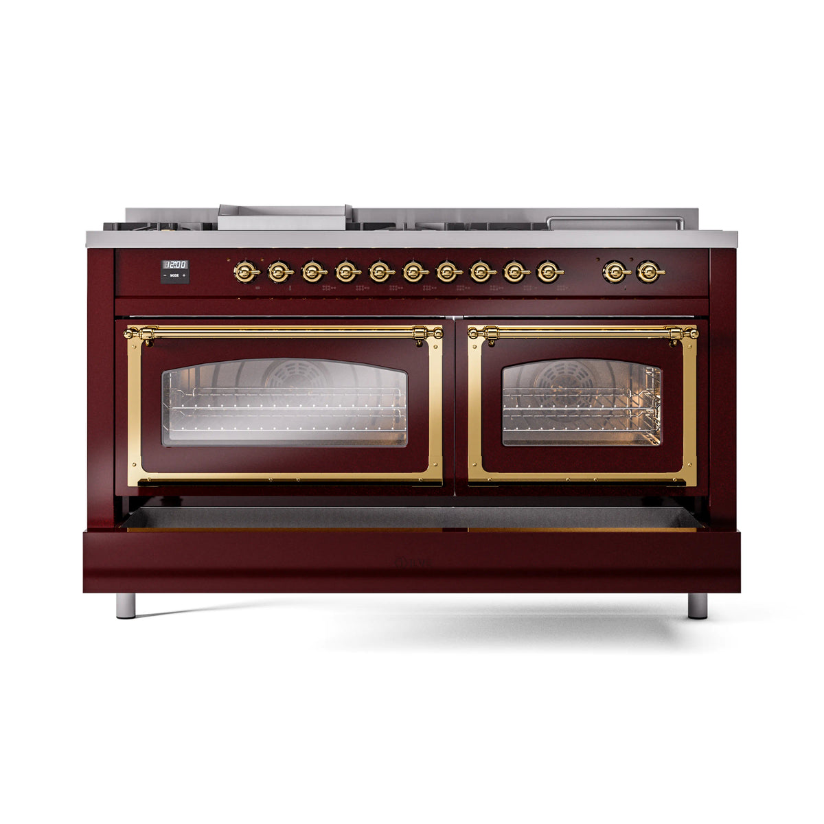Burgundy dual-fuel range front with brass-trimmed oven windows and control knobs