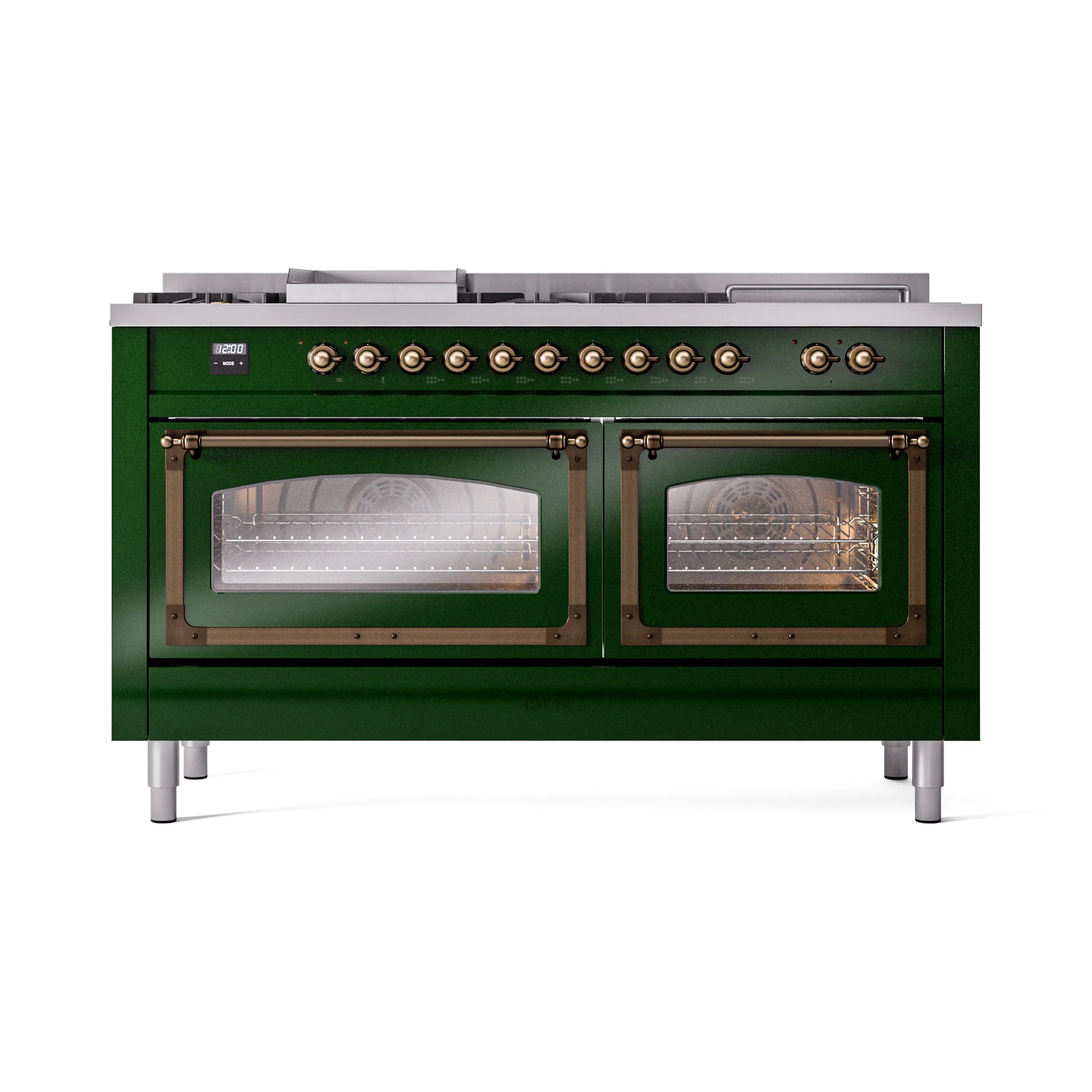 Emerald green dual fuel range front with bronze knobs and two lit glass oven windows.