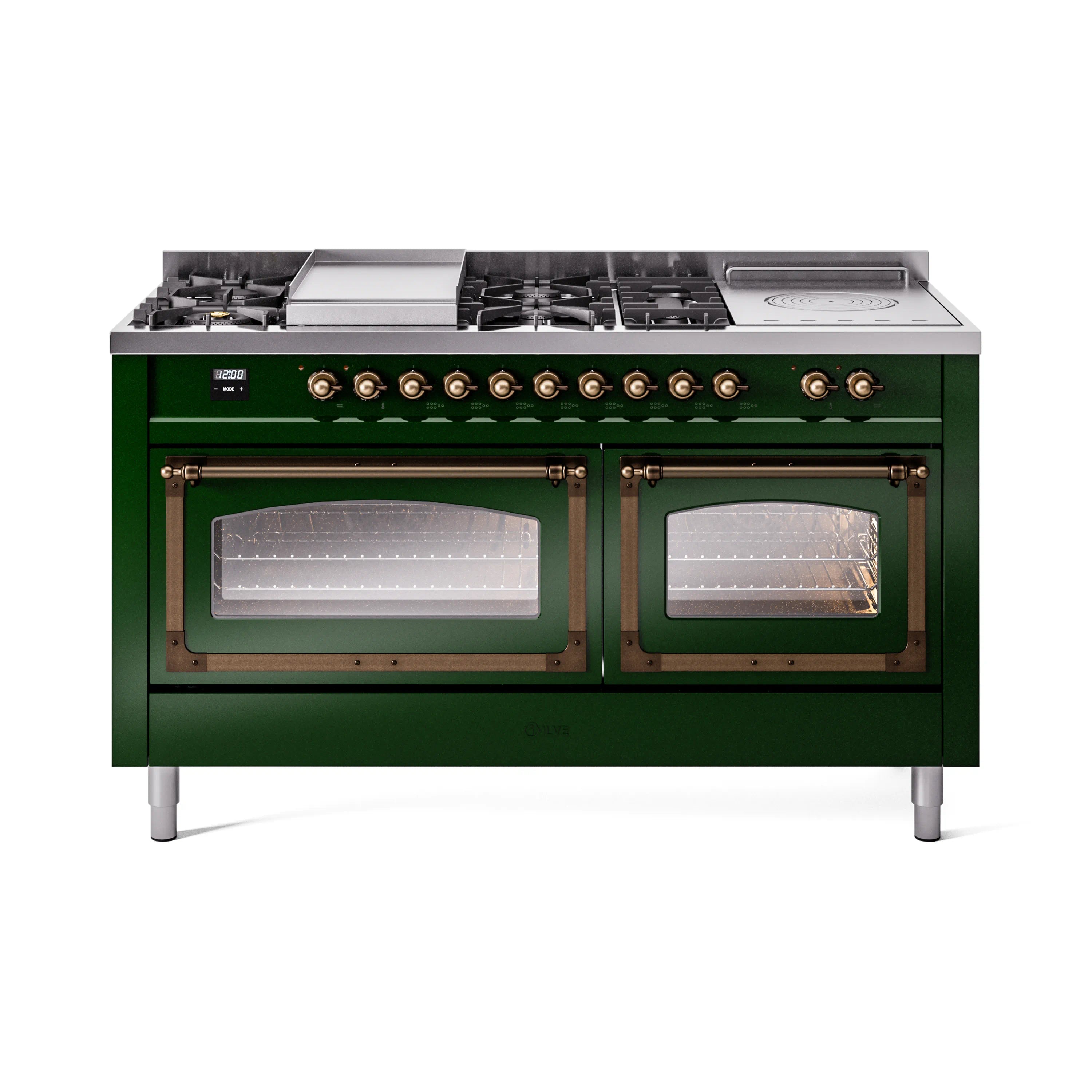 Emerald green range with burners, bronze knobs, and two glass-front oven doors