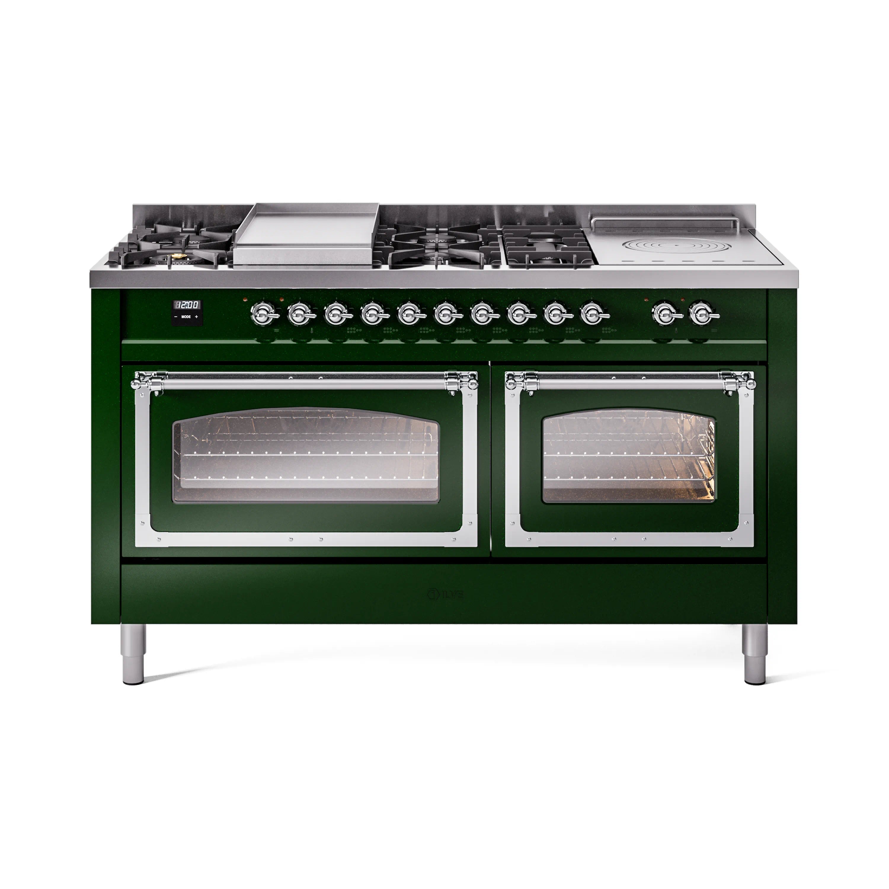 Emerald green dual fuel range with chrome trim and two glass oven doors