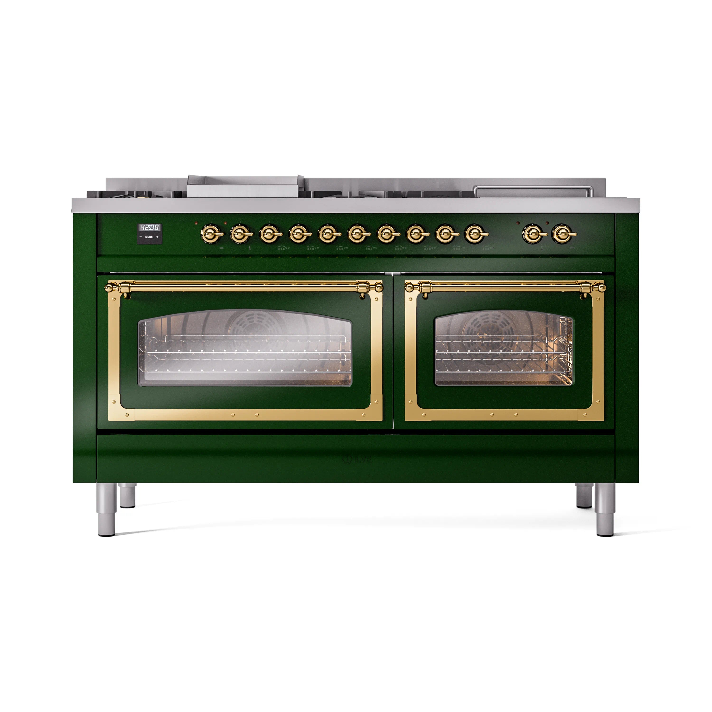 Emerald green range front with two glass oven doors and brass trim