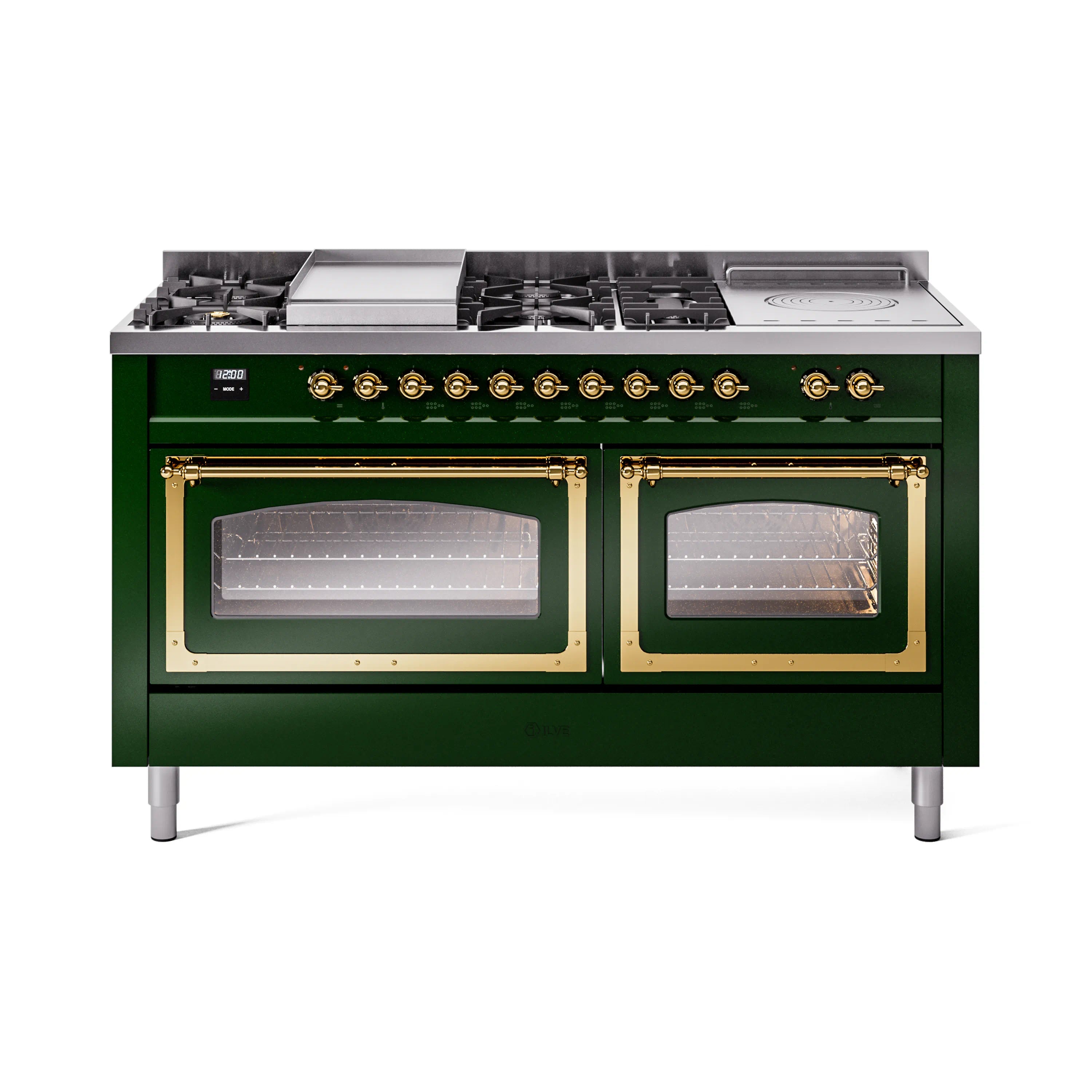 Emerald green dual fuel range front with brass-trim control panel