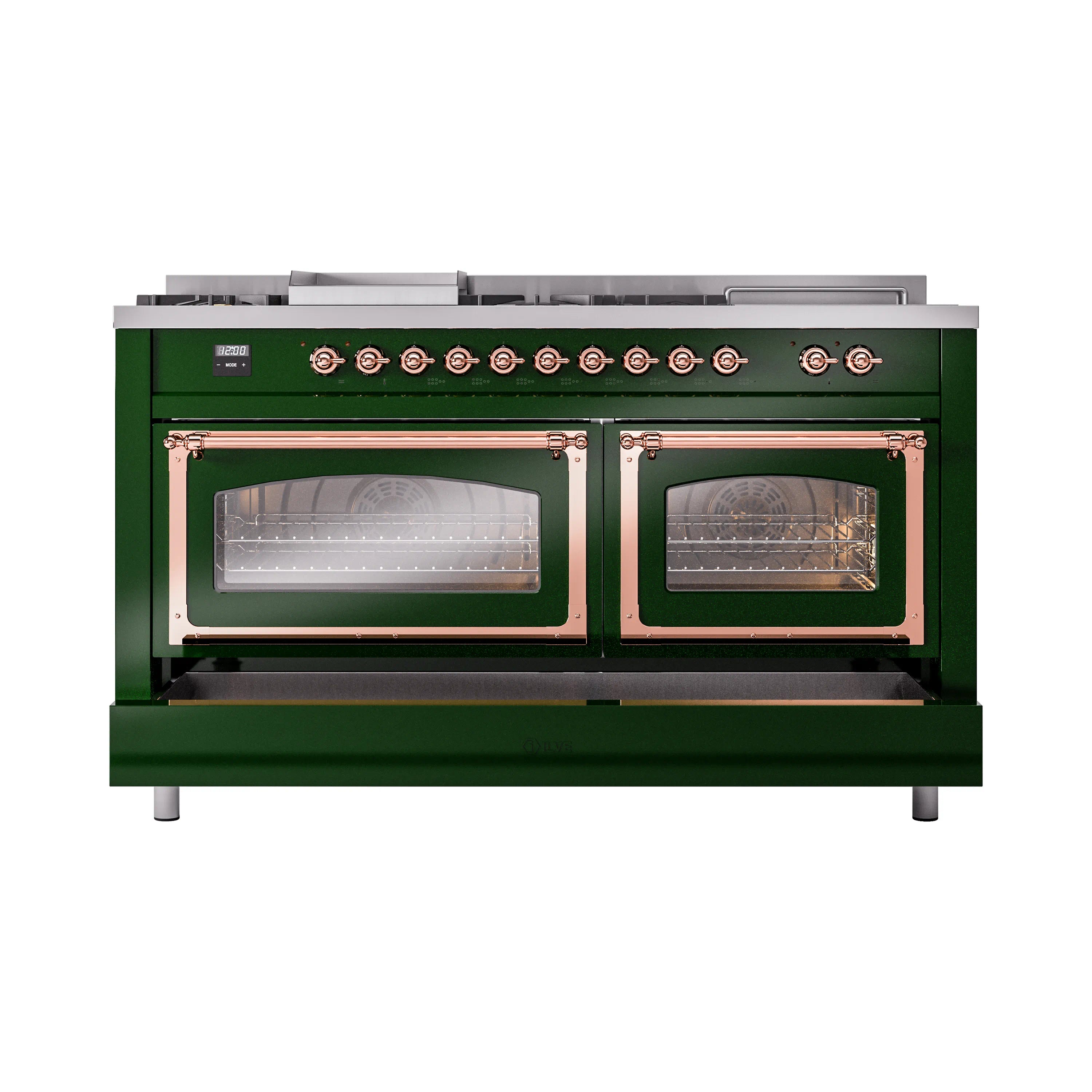 Emerald green dual fuel range with copper trim and two oven doors with visible interior