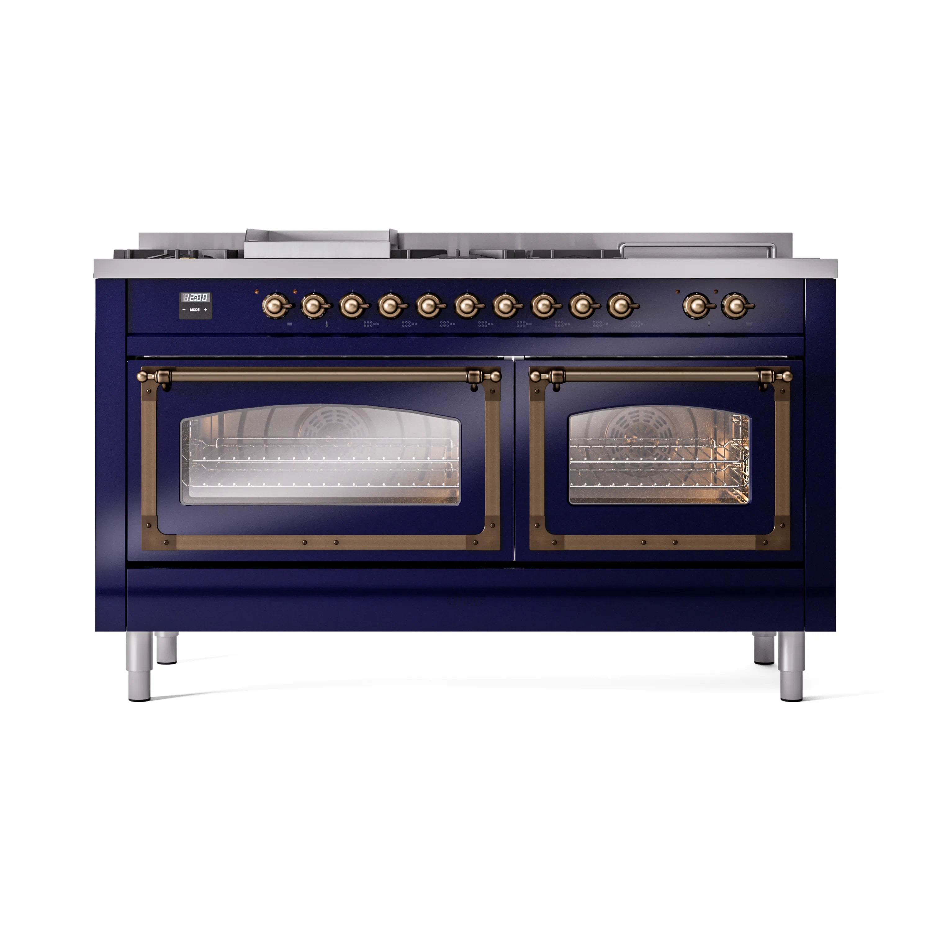 Midnight blue dual fuel range with bronze controls and two closed glass oven doors