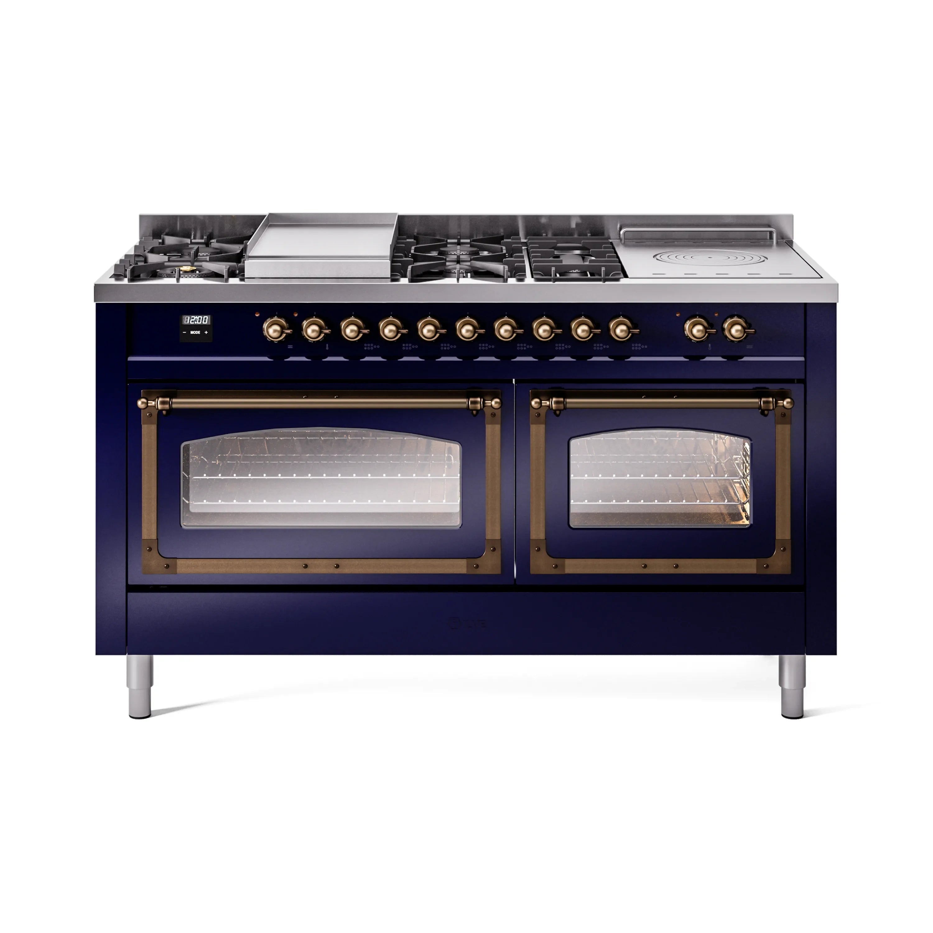 Midnight blue dual fuel range with bronze knobs, griddle, and two glass oven doors